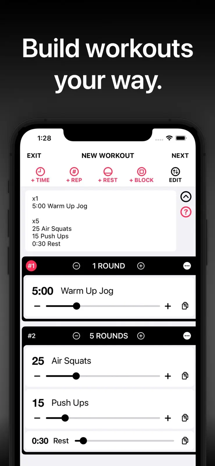 ABIT custom workout builder on iPhone